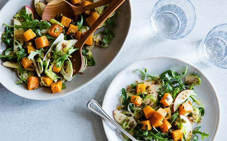 Roasted Butternut Squash Salad with Brussels Sprouts & Maple Dressing