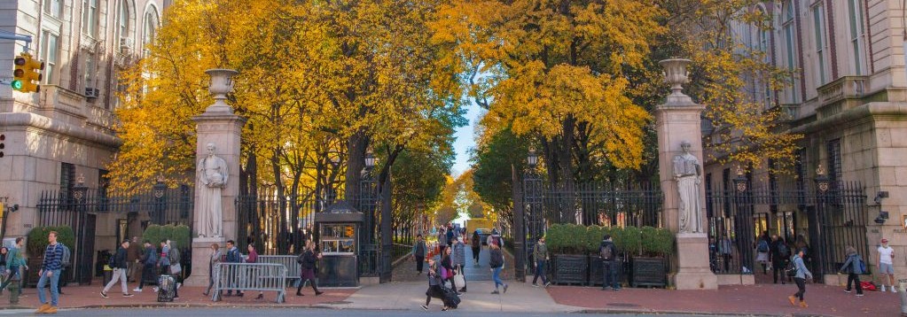 Columbia College Walk with orange fall trees.