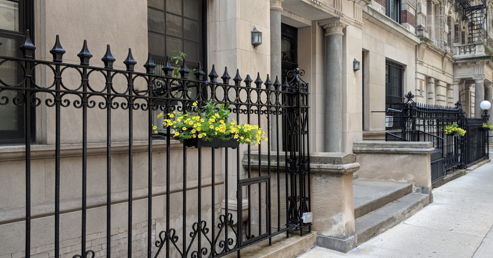 apartment building with wrought iron and flower boxes with yellow flowers