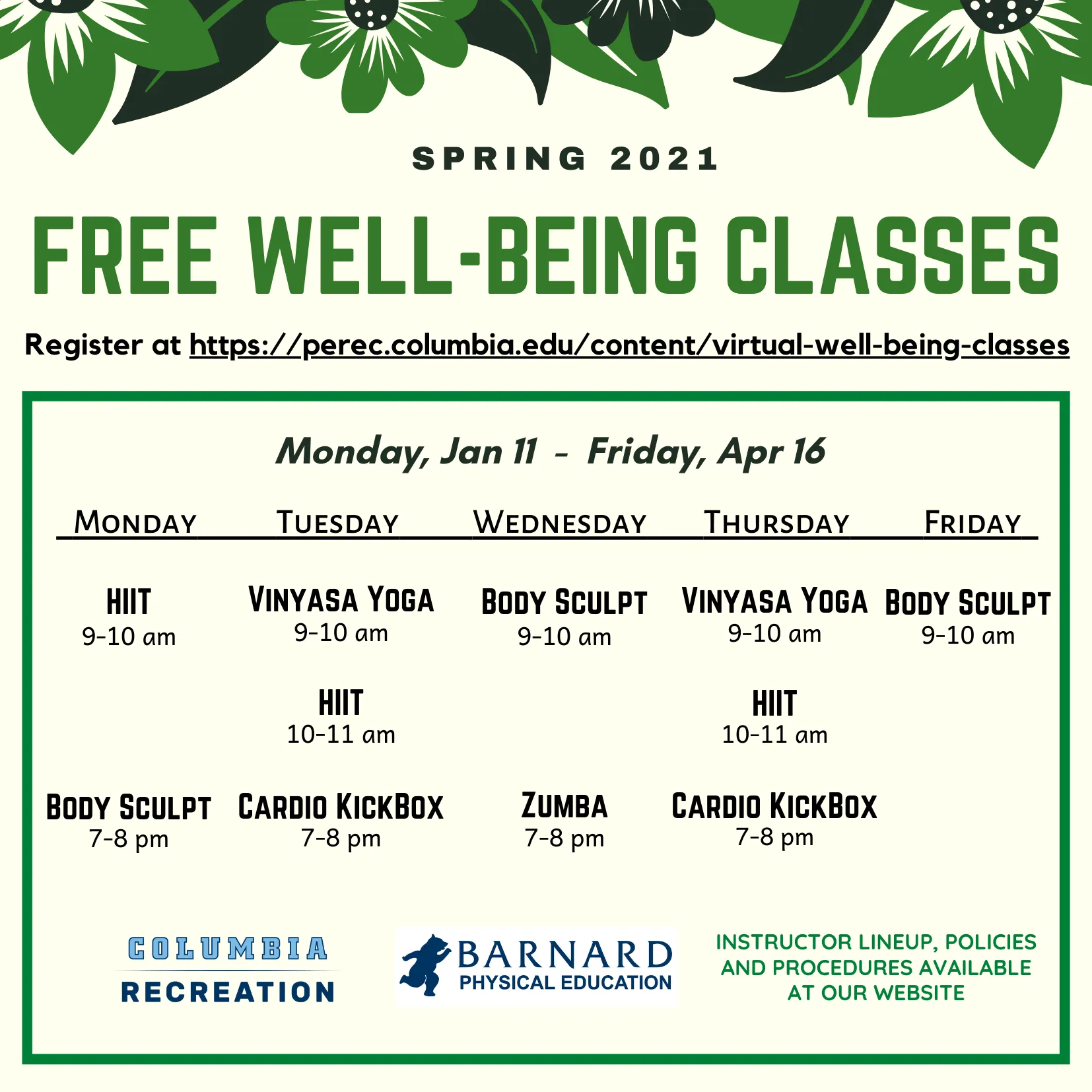 Well-being class schedule
